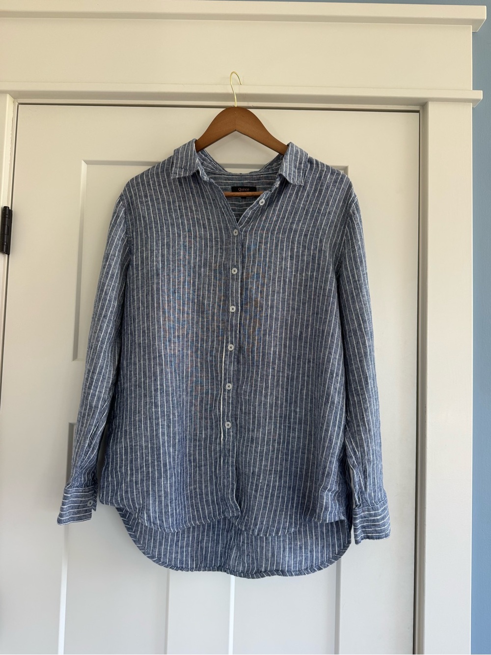 Quince 100% European Linen Long Sleeve Button Down Chambray Stripe Large